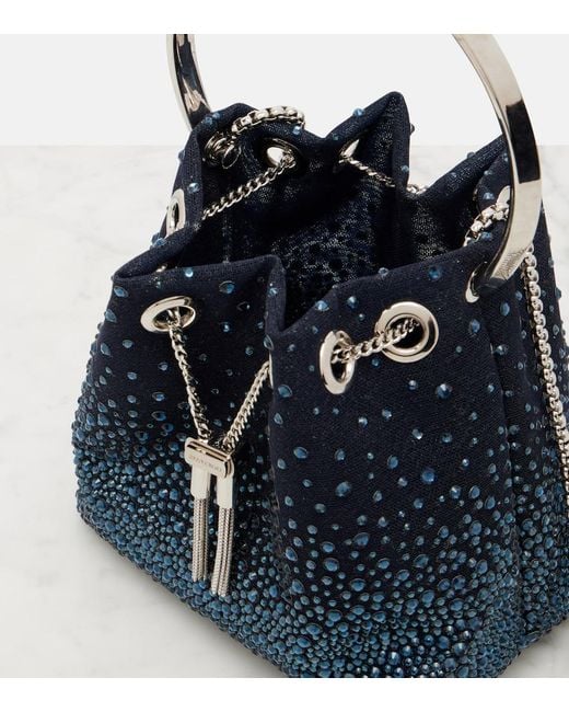 Jimmy Choo Blue Bon Bon Embellished Mesh Bucket Bag