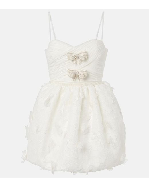 Self-Portrait White Bridal Pleated Organza And Lace Minidress