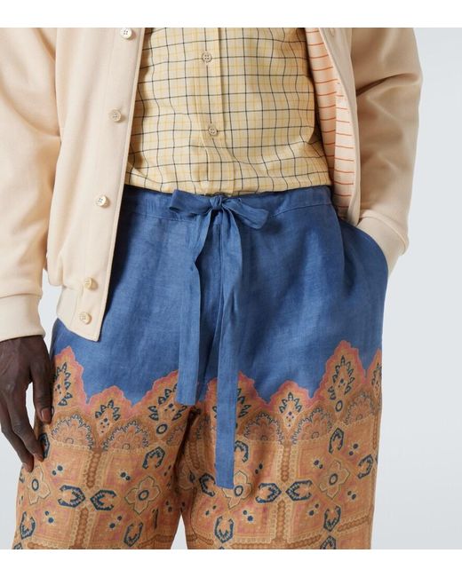Valentino Blue Printed Linen Wide-Leg Pants for men