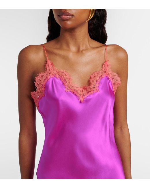 Roberto Cavalli Purple Lace-Trimmed Silk Slip Dress