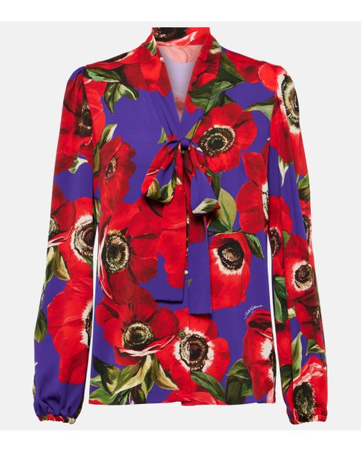 Dolce & Gabbana Red Tie-neck Floral Silk-blend Blouse