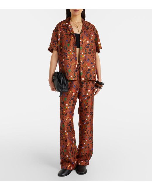 Asceno Brown Aurelia Printed Silk Twill Wide-Leg Pants