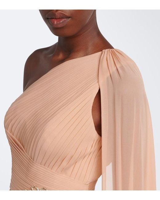 Elie Saab Pink Embellished Plisse One-Shoulder Silk Gown
