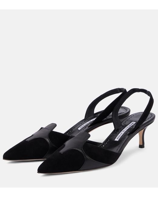 Manolo Blahnik Black Poligleto 50 Suede Slingback Pumps