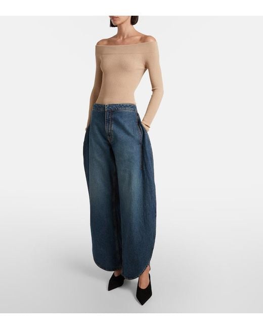 Alaïa Natural Ribbed-Knit Off-Shoulder Bodysuit