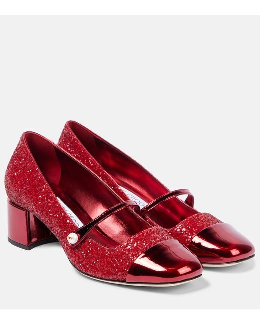 Jimmy Choo Red Elisa 45 Glitter Leather Mary Jane Pumps