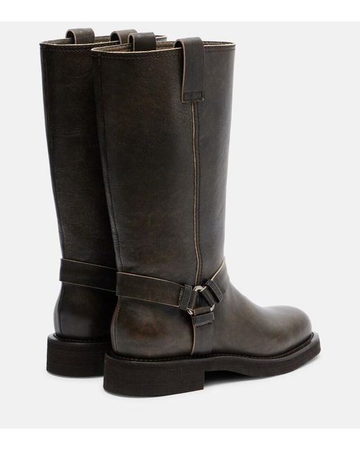 Brunello Cucinelli Black Monili Leather Knee-High Boots