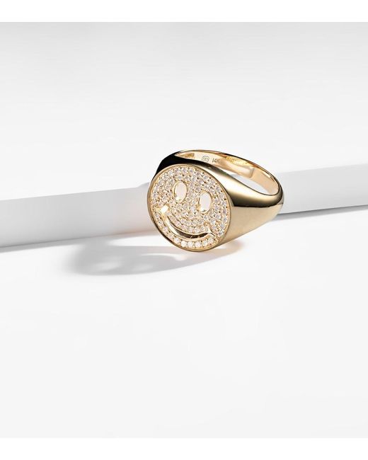 Sydney Evan Metallic Happy Face 14kt Yellow Gold Signet Ring With Diamonds