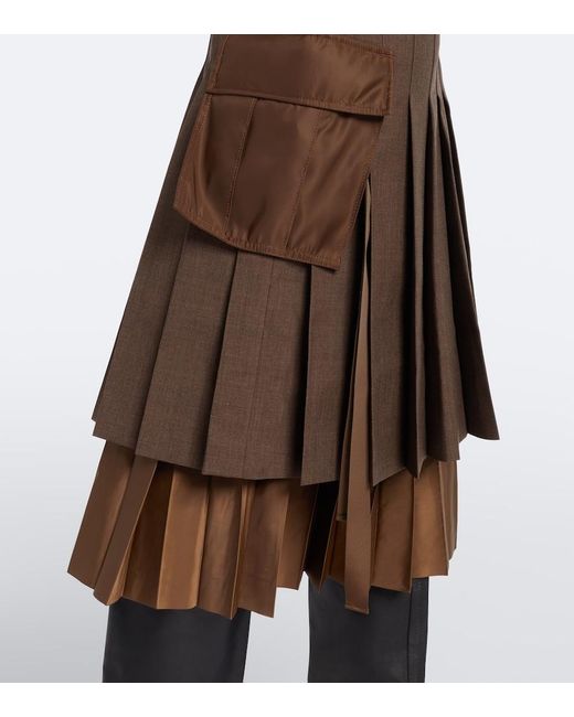 Sacai Brown Layered Pleated Wool-Trimmed Midi Skirt