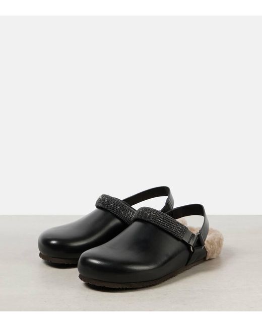 Brunello Cucinelli Black Verzierte Slippers Aus Leder Mit Shearling