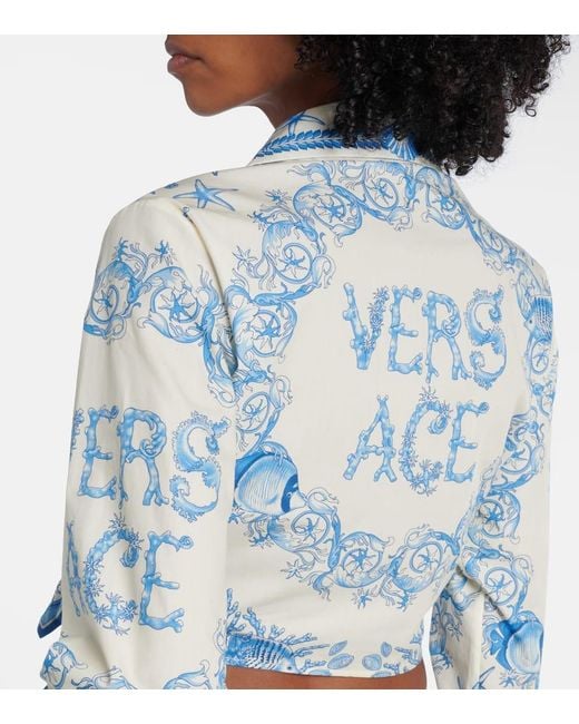Versace Blue Informal Shirt Underwater Barocco Bicolour Foulard On Cotton Poplin