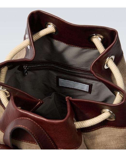 Brunello Cucinelli Brown Leather-Trimmed Canvas Backpack for men