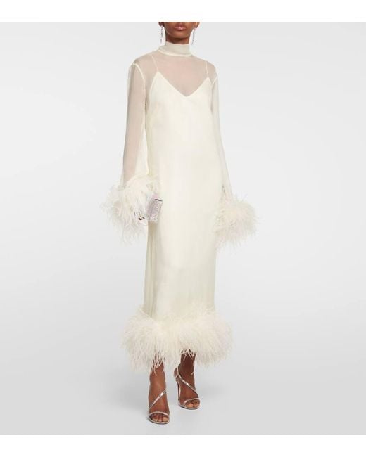 ‎Taller Marmo White Gina Venti Feather-trimmed Silk Midi Dress