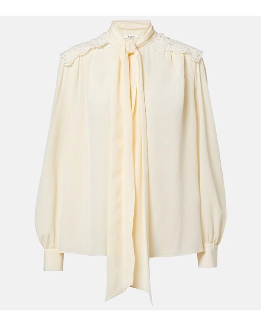 Chloé Natural Lace-Trimmed Silk Crepe De Chine Blouse