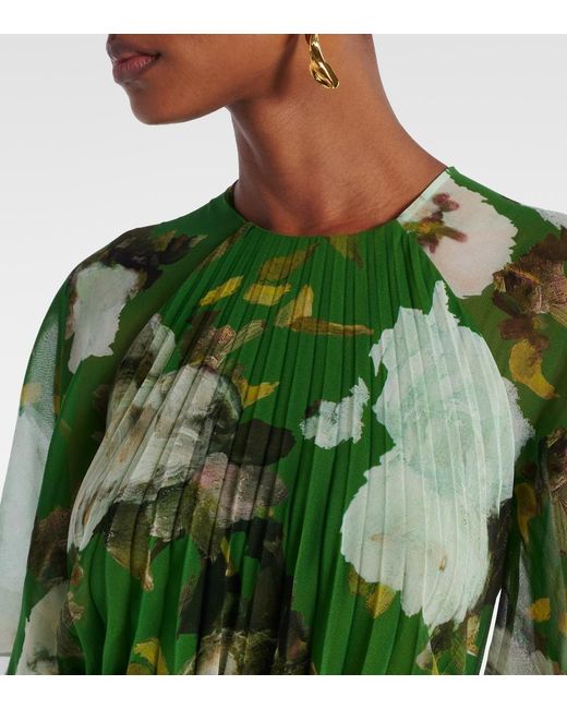 Erdem Green Floral-Print Short Sleeve Stretch-Cady Midi Dress
