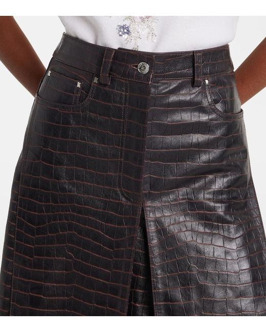 Rabanne Black Pleated Croc-Effect Leather Midi Skirt