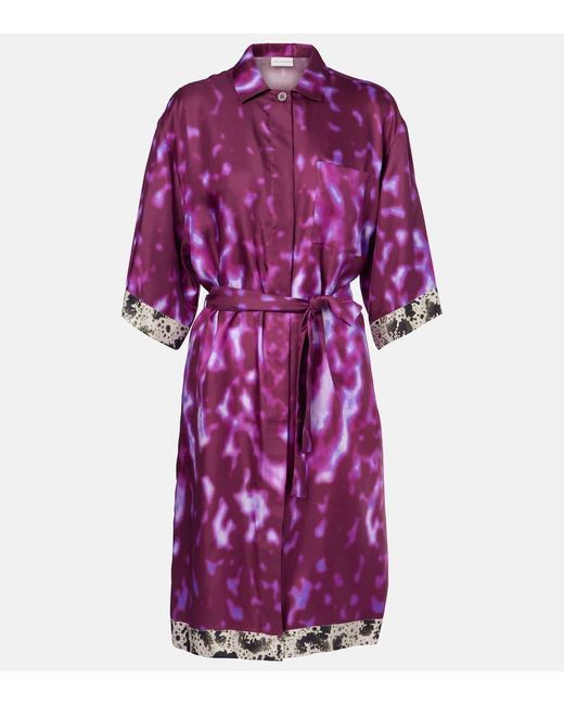 Dries Van Noten Purple Belted Printed Silk Shirt Dress