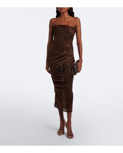 Alex Perry Brown Leopard-Print Ruched Lace Midi Dress