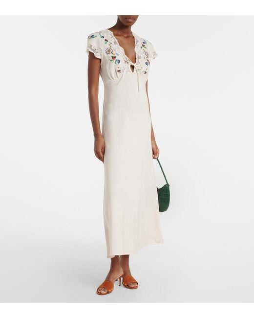 Rixo White Amari Embroidered Linen-Blend Midi Dress