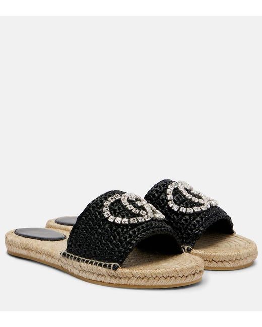 Gucci Black Gg Embellished Raffia Espadrille Slides