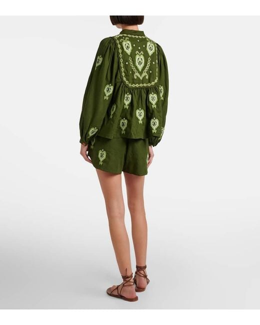 Farm Rio Green Bestickte Shorts Aus Einem Leinengemisch
