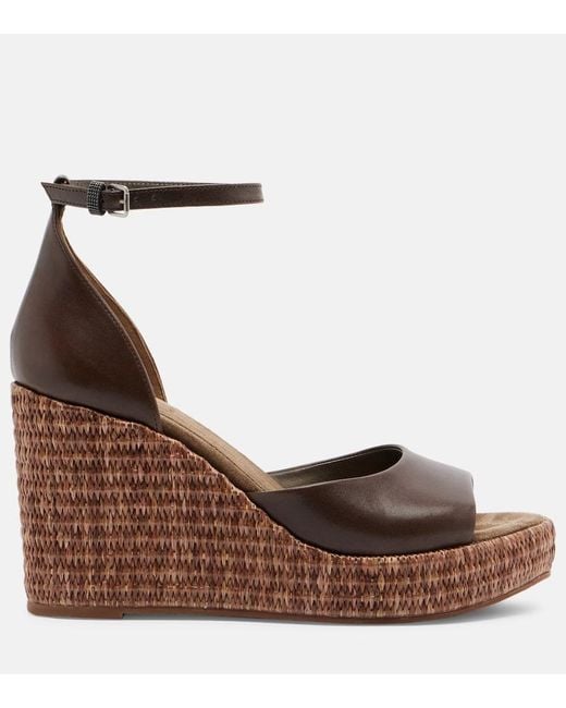 Brunello Cucinelli Brown Monili Leather Espadrille Wedges