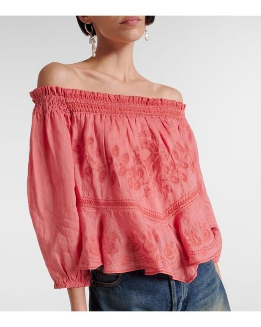 Isabel Marant Pink Erine Embroidered Off-Shoulder Top