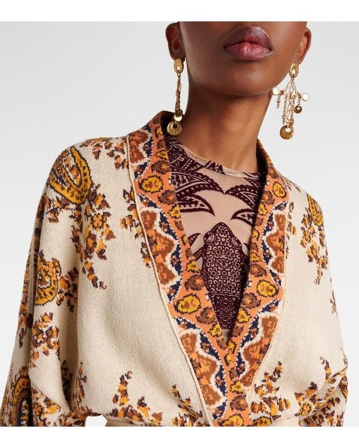 Etro Brown Jacquard Cotton-Blend Wrap Cardigan