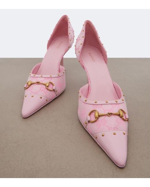 Gucci Pink Savoy Horsebit Gg Canvas Pumps