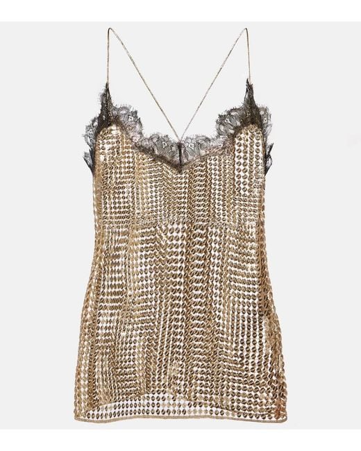 Roberto Cavalli Brown Sequined Lace-Trimmed Top
