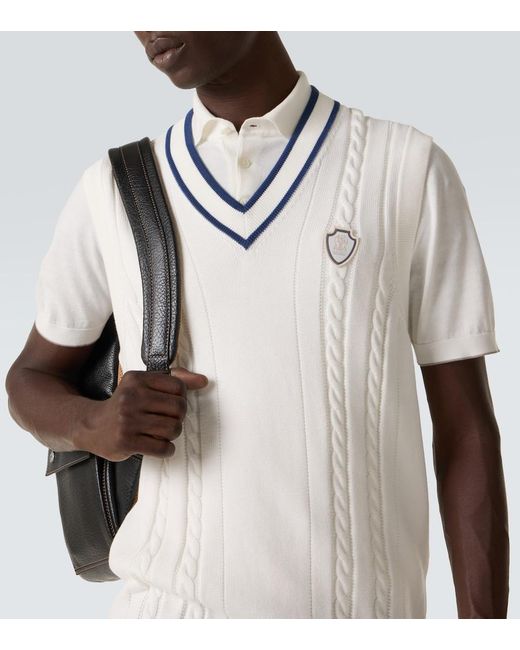 Brunello Cucinelli White Cable-Knit Embroidered Cotton Sweater Vest for men