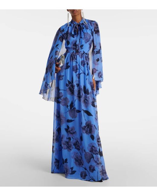 Robe Longue En Soie A Fleurs Erdem en coloris Blue