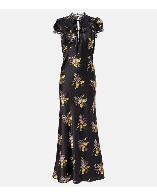 Vestido Largo De Saten De Seda Floral Rodarte de color Black