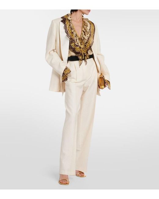 Etro Natural Ruffled Paisley Silk-Blend Blouse