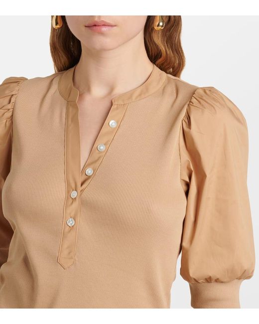 Veronica Beard Natural Puff-Sleeve Cotton-Blend Top