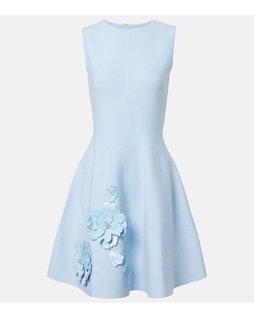 Oscar de la Renta Blue Floral-Applique Sequined Minidress