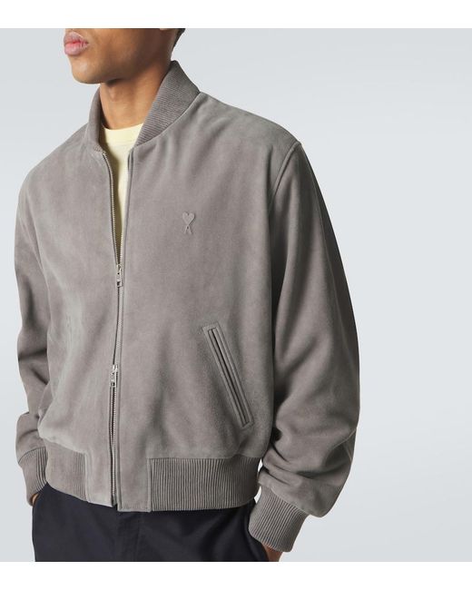 AMI Gray Ami De Cour Suede Bomber Jacket for men