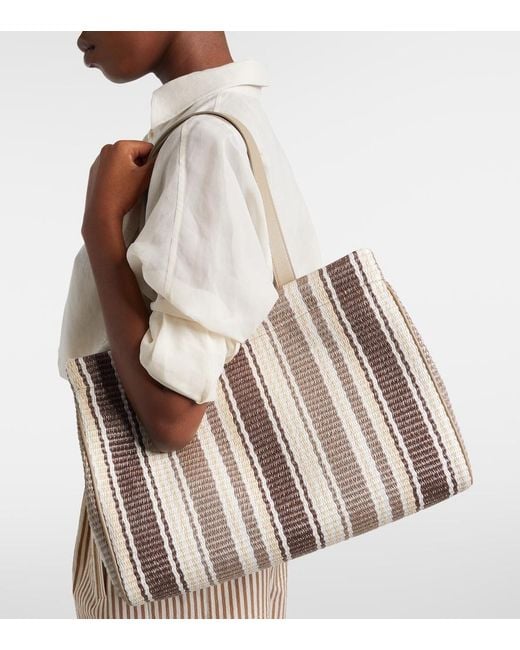 Brunello Cucinelli Metallic Monili Medium Striped Raffia Tote Bag
