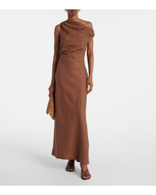 Faithfull The Brand Brown Suis Asymmetric Linen Maxi Dress