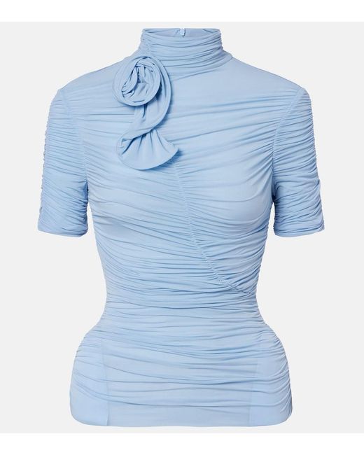 Magda Butrym Blue Floral-Applique Ruched Top