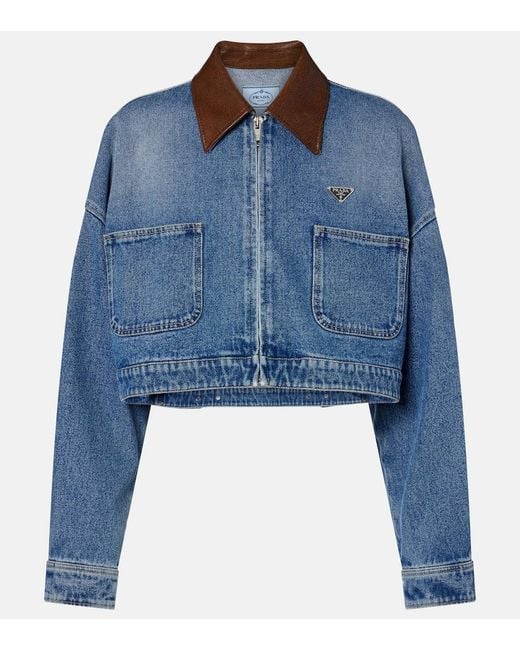 Prada Blue Leather-Trimmed Cropped Denim Jacket