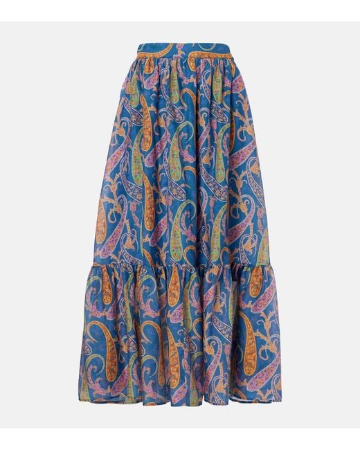 Etro Blue Paisley Cotton And Silk Maxi Skirt