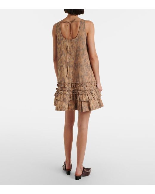 Ganni Brown Ruffled Printed Cotton Minidress