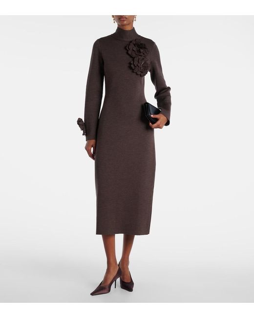 Oscar de la Renta Brown Floral-Applique Wool-Blend Midi Dress