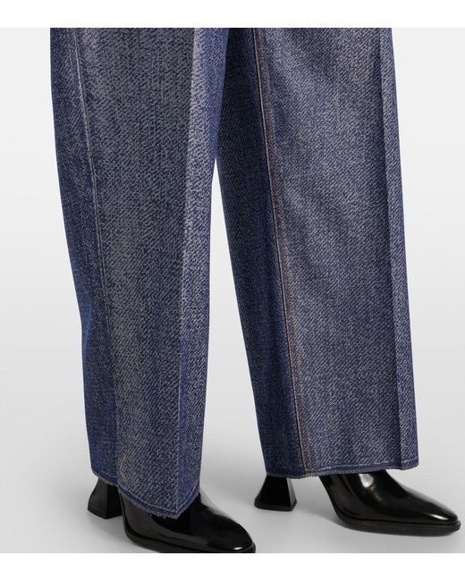 Bottega Veneta Blue Trompe L'Oil Wool And Cotton Wide-Leg Pants