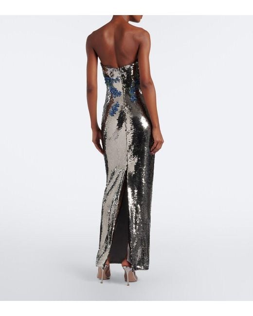 Monique Lhuillier Metallic Floral-Applique Sequined Bustier Gown