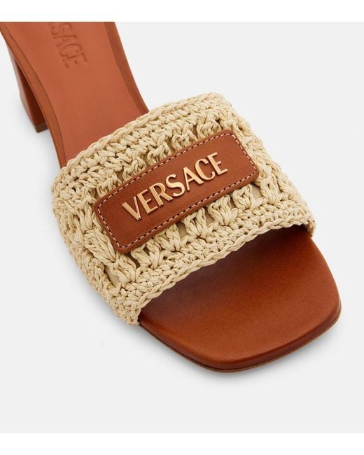 Versace Brown Logo Raffia And Leather Mules
