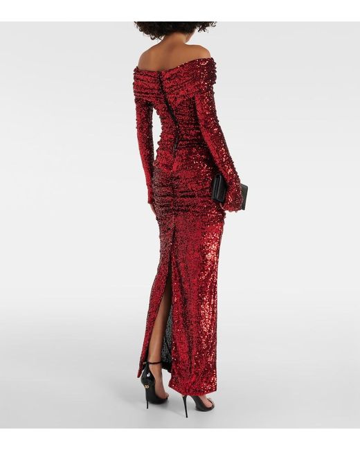 Dolce & Gabbana Red Sequined Off-Shoulder Ruched Gown