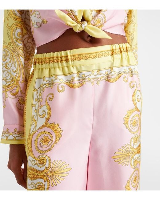 Versace Pink Barocco Foulard Silk Twill Wide-Leg Pants