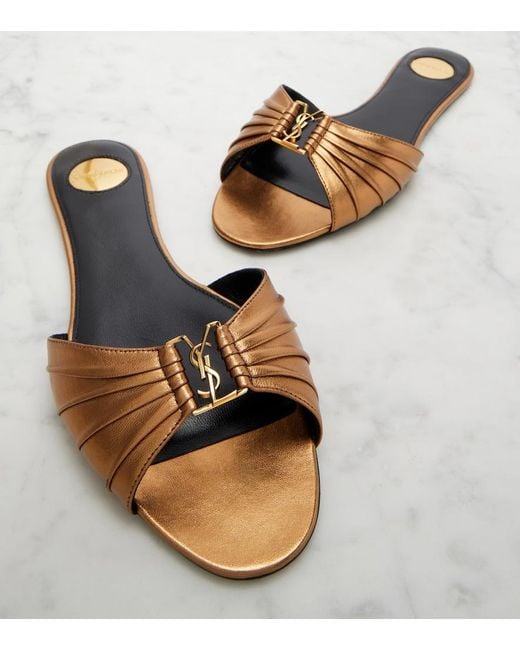 Saint Laurent Brown Babylone Metallic Leather Slides